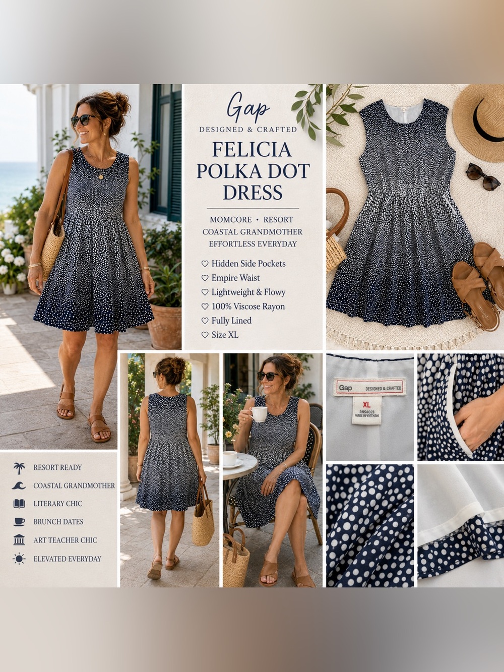 Gap Designed & Crafted XL Felicia Polka Dot Pocket Midi Dress Rayon Navy